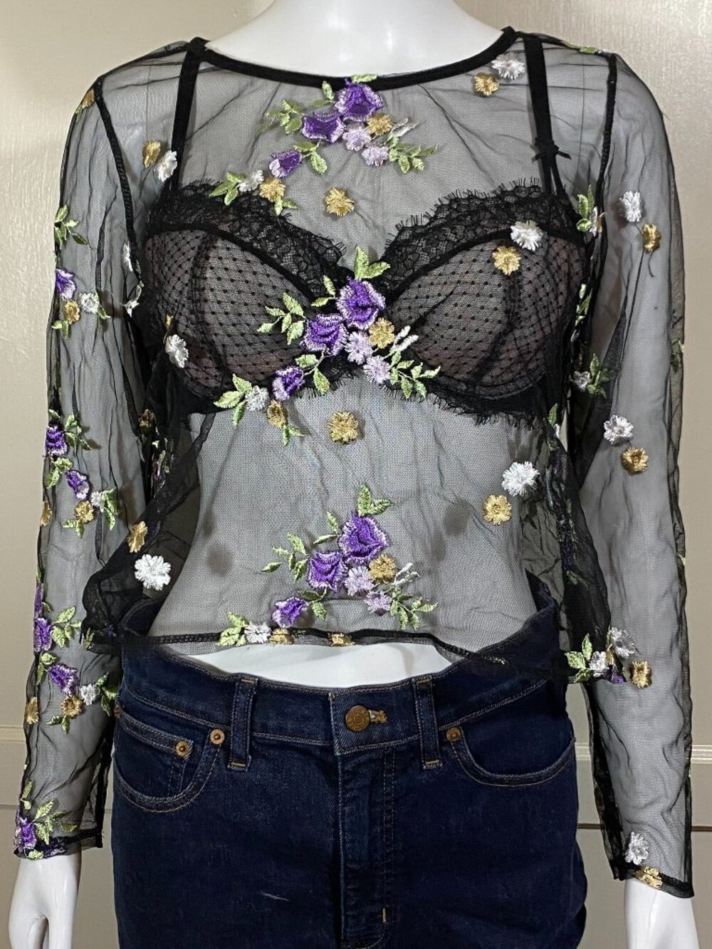 Black Mesh Sheer Net Embroidered Floral Fairy Goth Festival Boho Top, Med/Large